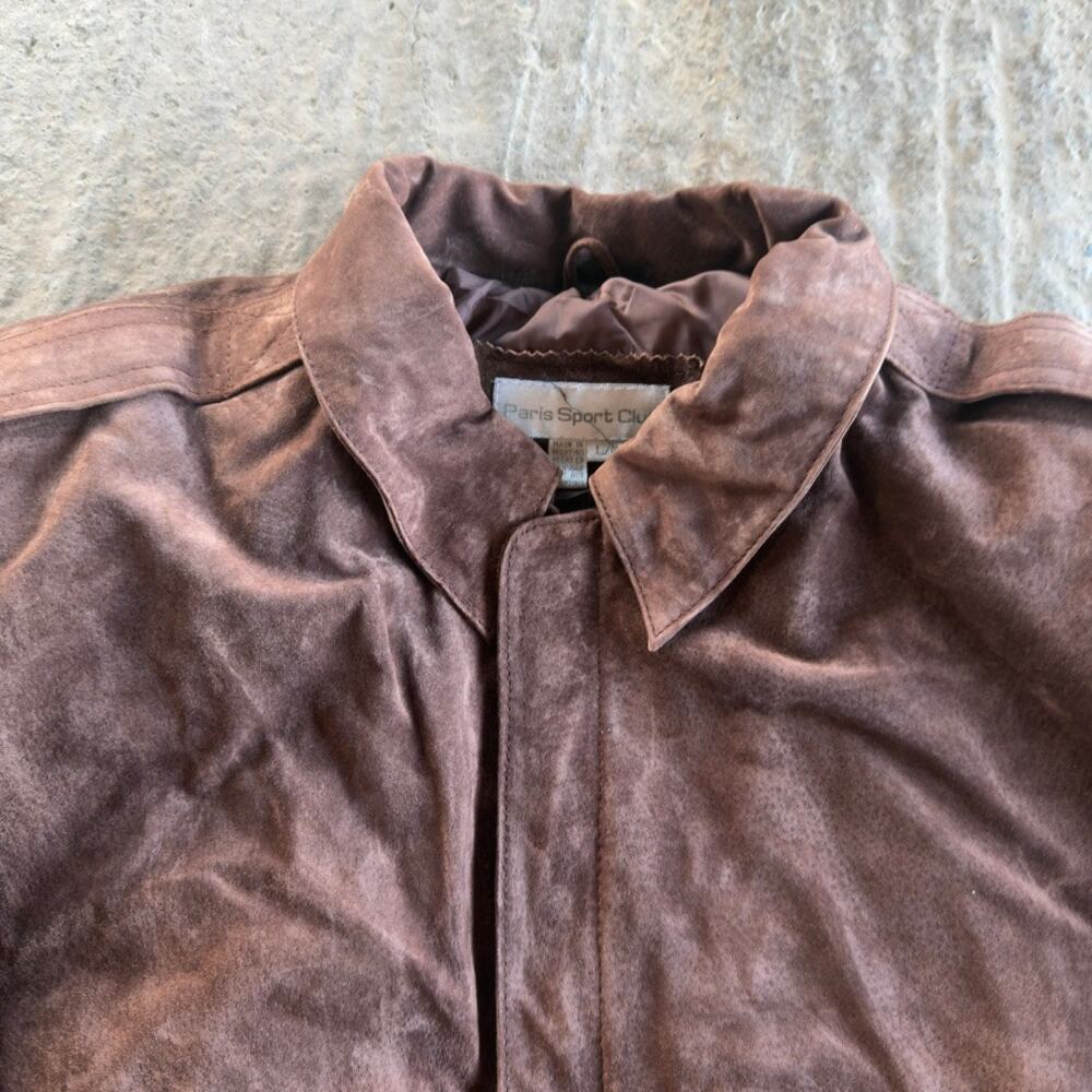 VINTAGE 90S BROWN SUEDE LEATHER BOMBER JACKET PLAID SLEEVES UNQIUE MENS LARGE - Picture 2 of 5